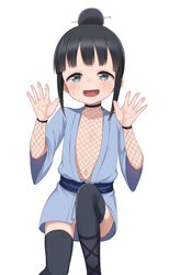  :d atg_(wttoo0202) bangs black_hair black_legwear blue_kimono blush breasts commentary_request eyebrows_visible_through_hair feet_out_of_frame female fishnets grey_eyes hair_bun hands_up highres japanese_clothes kimono knee_up kunoichi_tsubaki_no_mune_no_uchi looking_at_viewer mokuren_(kunoichi_tsubaki_no_mune_no_uchi) nervous_smile obi sash short_sleeves sidelocks simple_background sitting small_breasts smile solo sweat thighhighs white_background wide_sleeves 