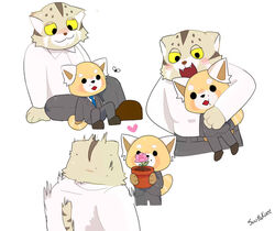  aggretsuko ailurid anthro black_eyes blush blush_lines clothed clothing dress_shirt duo felid feline felis flower fur gift hair heart_symbol interspecies large_male love male male/male mammal manumaru multicolored_body multicolored_fur muscular necktie open_mouth pallas&#039;s_cat pawpads paws plant red_panda resasuke sanrio shirt simple_background size_difference smile standing surprised_look suupakaee talking_to_another talking_to_partner topwear yellow_eyes 