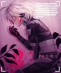  1boy ahoge android arm_support binary black_jacket blood blood_on_face blood_on_wall cheer_(cheerpuppy14) danganronpa_(series) danganronpa_v3:_killing_harmony from_side grey_hair hand_up highres jacket k1-b0 male_focus pink_blood plant potted_plant profile seiza short_hair sitting translation_request wide-eyed 