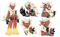  2021 anthro armband belt_pouch blaziken blue_eyes claws clothing eyewear eyewear_on_head fingerless_gloves flint_(lth-rg) generation_3_pokemon gloves goggles goggles_on_head hair handwear hi_res jewelry long_hair male model_sheet necklace nintendo pokemon pokemon_(species) pokemon_mystery_dungeon portrait pose red_body side_view signature simple_background sindraws snickering solo spike_chunsoft surprised_expression three-quarter_portrait white_background white_hair yellow_sclera 