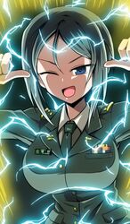  ;d absurdres aura black_eyes black_hair black_necktie breasts chouno_ami commentary dragon_ball dragon_ball_z dress_shirt electricity female girls_und_panzer green_jacket half-closed_eye highres jacket japan_ground_self-defense_force japan_self-defense_force kamishima_kanon large_breasts looking_at_viewer military military_uniform necktie one_eye_closed open_mouth pointing pointing_at_self shirt short_hair smile smirk smug solo standing super_saiyan super_saiyan_2 swept_bangs uniform v-shaped_eyebrows white_shirt wing_collar 