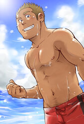  1boy abs bara beach blonde_hair blush clenched_hand dark-skinned_male dark_skin looking_at_viewer male_focus male_swimwear navel navel_hair nipples original outdoors pectorals red_male_swimwear short_hair sideburns sky solo stomach suv_(suv032) swim_trunks toned toned_male topless_male water wet 