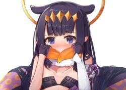  animal_ears black_gloves blue_eyes blue_hair blunt_bangs blush circlet collarbone covering_own_mouth ear_blush female flat_chest flower_knot gloves gradient_hair halo headpiece holding holding_own_hair hololive hololive_english long_hair looking_at_viewer multicolored_hair ninomae_ina&#039;nis ninomae_ina&#039;nis_(1st_costume) nose_blush orange_hair pointy_ears shuuzo3 sidelocks simple_background solo tentacle_hair upper_body virtual_youtuber white_background 