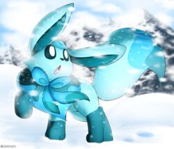  ambiguous_gender blue_body blue_tail clothed clothed_feral clothing eevee eeveelution fan_character feral gatotorii generation_1_pokemon generation_4_pokemon glaceon hi_res hybrid male_(lore) nintendo pokemon pokemon_(species) quadruped shiver_(shivereevee) snow snowing solo tail tongue 