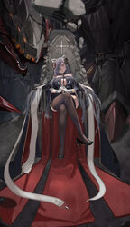  absurdres al_ryude august_von_parseval_(azur_lane) azur_lane black_footwear breasts cleavage crossed_legs curled_horns female full_body gloves gold_trim hair_over_one_eye high_heels highres horns huge_breasts long_hair looking_at_viewer mechanical_horns non-humanoid_robot purple_eyes purple_hair robot robot_dragon shoe_dangle sitting solo throne very_long_hair white_gloves wide_sleeves 