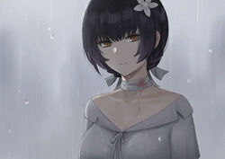  bandaged_neck bandages bare_shoulders black_hair blood breasts brown_eyes closed_mouth female flower girls&#039;_frontline hair_flower hair_ornament looking_at_viewer machlian_(girls&#039;_frontline) paradeus rain selcky shirt short_hair solo water_drop white_shirt 