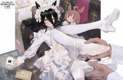  1boy absurdres agnes_tachyon_(umamusume) ahoge alternate_costume animal_ears black_hair blush bow character_doll closed_mouth coffee_mug couch cup disembodied_hand dress english_commentary feet female hair_between_eyes high_heels highres holding holding_another&#039;s_foot holding_cup holding_shoes horse_ears horse_girl legs_up long_hair long_sleeves looking_at_viewer manhattan_cafe_(umamusume) mug multicolored_hair on_couch pantyhose red_eyes sarcophage shoes single_shoe streaked_hair toes umamusume very_long_hair white_bow white_dress white_footwear white_hair white_pantyhose yellow_eyes 