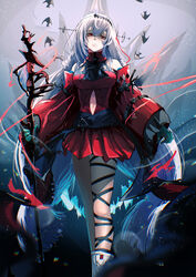  absurdres aqua_gloves arknights ascot bare_shoulders black_ascot boots breasts closed_mouth clothing_cutout commentary detached_sleeves dress feet_out_of_frame female gloves grey_hair hair_ornament highres hiyaori_(hiyahiyaval) holding holding_staff leg_ribbon long_hair long_sleeves looking_at_viewer medium_breasts navel navel_cutout no_headwear official_alternate_costume red_dress red_eyes ribbon short_dress skadi_(arknights) skadi_the_corrupting_heart_(arknights) solo staff thighs very_long_hair white_footwear 