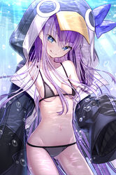  90kyuuri air_bubble animal_hood bare_shoulders bikini black_bikini black_jacket blue_bow blue_eyes blush bow breasts bubble closed_mouth collarbone commentary fate/grand_order fate_(series) female highres hood hood_up jacket licking_lips long_hair long_sleeves looking_at_viewer meltryllis_(fate) meltryllis_(swimsuit_lancer)_(fate) meltryllis_(swimsuit_lancer)_(first_ascension)_(fate) navel open_clothes open_jacket penguin_hood photoshop_(medium) purple_hair sleeves_past_fingers sleeves_past_wrists small_breasts smile submerged swimming swimsuit thighs tongue tongue_out underwater very_long_hair 