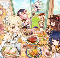  6+girls :d ;) absurdres ahoge animal_ear_fluff animal_ears animal_hood anniversary bag bangs_pinned_back baozi black_hair black_scarf blunt_bangs blush braid brown_eyes brown_hair cabbie_hat cake cat_ears cat_girl cat_tail chicken_(food) chinese_clothes clover_print cocktail_glass commentary_request cup diona_(genshin_impact) dress drinking_glass english_text fake_animal_ears floating flower food forehead genshin_impact guoba_(genshin_impact) hair_between_eyes hair_flower hair_ornament hair_ribbon hairclip halo hat hat_feather hat_flower hat_ornament highres hood hu_tao_(genshin_impact) japanese_clothes klee_(genshin_impact) leaf leaf_on_head light_brown_hair logo long_hair long_sleeves looking_at_viewer low_twintails lumine_(genshin_impact) meat mechanical_halo multiple_girls ninja one_eye_closed out_of_frame paimon_(genshin_impact) pancake paw_print peeking_out pink_hair plate pointy_ears purple_eyes qingdai_guanmao qiqi_(genshin_impact) raccoon_hood raccoon_tail red_eyes red_panda ribbon romper sayu_(genshin_impact) scarf short_hair short_hair_with_long_locks shuriken sidelocks sliding_doors smile st_black_coffee strawberry_shortcake sweet_madame_(genshin_impact) symbol-shaped_pupils table tail thick_eyebrows too_much_food twin_braids twintails v weapon white_dress white_hair white_romper xiangling_(genshin_impact) 