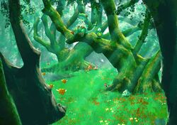  breloom budew chinese_commentary combee commentary forest grass green_theme highres light_rays nature no_humans outdoors paras parasect plant pokemon pokemon_(creature) scenery shank shroomish spinarak tree 