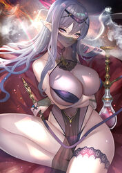  absurdres bikini breasts bridal_gauntlets circlet closed_mouth elf female grey_hair hair_between_eyes highres hitowa holding hookah jewelry large_breasts leotard long_hair looking_at_viewer mouth_veil multiple_rings navel original pelvic_curtain pointy_ears purple_bikini purple_eyes ring see-through see-through_leotard smile smoke solo swimsuit veil 