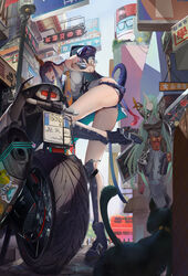  2girls absurdres animal arknights ass black_cat blue_hair boots breasts building ch&#039;en_(arknights) chinese_commentary commentary dragon_girl dragon_horns feline food green_eyes green_hair highres holding horns hoshiguma_(arknights) hoshiguma_(ronin_huntress)_(arknights) leg_up long_hair looking_at_viewer looking_down motor_vehicle motorcycle multiple_girls official_alternate_costume onigiri red_eyes sail_(apha7775) shield single_horn skin-covered_horns tail 