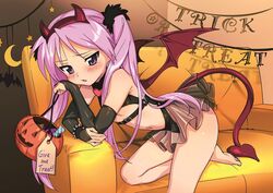  alternate_costume barefoot black_gloves blush breasts candy couch crescent elbow_gloves fake_horns female food gloves halloween halloween_bucket halloween_costume heart hiiragi_kagami holding horns ichimi_renge long_hair lucky_star parted_lips pink_hair purple_eyes second-party_source see-through small_breasts solo spikes tail twintails wings 