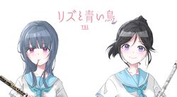  2girls bad_id bad_twitter_id black_hair blue_hair blue_neckerchief blue_sailor_collar blush closed_mouth flute hibike!_euphonium highres holding holding_instrument instrument kasaki_nozomi kitauji_high_school_uniform korean_commentary liz_to_aoi_tori long_hair looking_at_viewer multiple_girls neckerchief oboe ponytail purple_eyes red_eyes reed_(instrument) sailor_collar school_uniform serafuku shirt short_sleeves simple_background smile tei_art uniform white_background white_shirt yoroizuka_mizore 