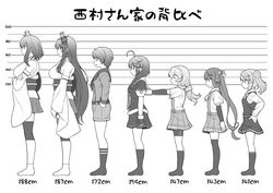  6+girls ahoge arm_warmers asagumo_(kancolle) bike_shorts braid closed_eyes commentary_request comparison detached_sleeves double_bun dress fingerless_gloves full_body fusou_(kancolle) gloves greyscale hair_bun hair_flaps hair_ornament hair_over_shoulder hairband hands_on_own_hips height_chart kantai_collection long_hair michishio_(kancolle) michishio_kai_ni_(kancolle) mogami_(kancolle) monochrome multiple_girls pinafore_dress pleated_skirt profile sailor_collar school_uniform serafuku shigure_(kancolle) shigure_kai_ni_(kancolle) short_hair shorts shorts_under_skirt single_braid skirt sleeveless sleeveless_dress standing suspender_skirt suspenders tenshin_amaguri_(inobeeto) translated twintails wide_sleeves yamagumo_(kancolle) yamashiro_(kancolle) 