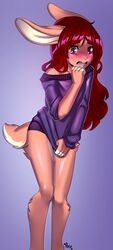  anthro arh blush clothing femboy fur hair hi_res lagomorph lauren_aza leporid male mammal rabbit red_hair solo sweater tan_body tan_fur topwear 