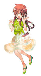  absurdres braid brown_eyes brown_hair female full_body ga_geijutsuka_art_design_class glasses green_footwear green_shirt hair_ribbon highres kiyuzuki_satoko long_hair long_skirt looking_at_viewer non-web_source official_art open_mouth photoshop_(medium) ribbon round_eyewear see-through see-through_skirt shirt short_sleeves skirt socks solo t-shirt twin_braids white_background yamaguchi_kisaragi 