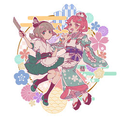  2girls adapted_costume apron black_hairband black_legwear blue_bow blue_kimono blunt_bangs blush bow bowl dango floral_background floral_print food food_in_mouth full_body green_eyes green_skirt grey_hair hairband highres holding holding_knife holding_ladle japanese_clothes kimono kitchen_knife knife konpaku_youmu ladle looking_at_viewer mary_janes multiple_girls obi obijime pink_eyes pink_hair ponytail puffy_short_sleeves puffy_sleeves saigyouji_yuyuko sandals sanshoku_dango sash shoes short_sleeves sidelocks skirt socks sokura_(mochichitose) tabi tassel tied_hair touhou wagashi white_apron white_background white_legwear wide_sleeves 