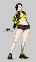  absurdres ear_piercing female full_body grey_background highres iwado_anna jacket kamezaemon multicolored_hair open_clothes open_jacket original piercing shoes simple_background sneakers solo sports_bra toned 