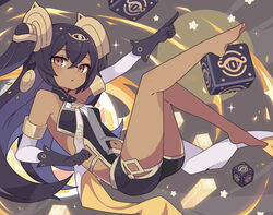  bad_id bad_pixiv_id barefoot black_gloves black_hair breasts brown_eyes closed_mouth crossed_bangs cube dark-skinned_female dark_skin detached_sleeves egyptian_clothes female gloves hair_between_eyes hair_ornament highres long_hair medium_breasts navel nephtim_(world_flipper) solo sparkle two_side_up world_flipper yoshida_makura 