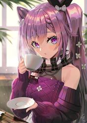  :o bare_shoulders black_ribbon blush bow braid braided_bangs cable_knit casual cone_hair_bun cup double_bun female genshin_impact hair_bun hair_ornament hair_ribbon hairbow holding holding_cup holding_plate indoors keqing_(genshin_impact) keqing_(lantern_rite)_(genshin_impact) long_hair long_sleeves looking_at_viewer off-shoulder_sweater off_shoulder official_alternate_costume parted_lips plate purple_eyes purple_hair ribbon scarf sidelocks signature solo sweater twintails upper_body white_bow window yamahara 