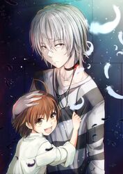  1boy :d accelerator_(toaru_majutsu_no_index) age_difference ahoge albino black_choker black_feathers blush brown_eyes brown_hair choker closed_mouth collarbone diagonal-striped_shirt diagonal_stripes earphones falling_feathers feathers female frown glowing_feather hair_between_eyes hand_on_another&#039;s_head height_difference highres k3rd last_order_(toaru_majutsu_no_index) lolicon long_sleeves magic medium_hair open_mouth psychic red_eyes shirt short_hair smile standing striped_clothes striped_shirt toaru_kagaku_no_accelerator toaru_majutsu_no_index upper_body white_feathers white_hair 