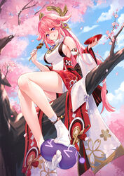  absurdres animal_ears bare_shoulders blush breasts commentary_request detached_sleeves earrings feet female fox_ears genshin_impact hair_ornament highres jewelry lalazyt large_breasts legs long_hair looking_at_viewer necklace no_shoes partial_commentary pendant pink_hair purple_eyes red_skirt revision sidelocks sitting skirt sleeveless slime_(genshin_impact) smile socks tabi tree very_long_hair wide_sleeves yae_miko 