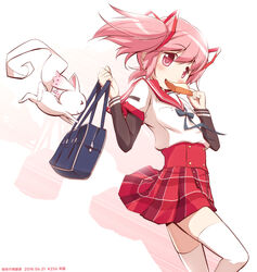  alternate_costume bag bread bread_slice breasts chauke commentary_request contrapposto creature dot_nose feet_out_of_frame female food food_in_mouth hair_ribbon hand_to_own_mouth hand_up holding holding_bag holding_food kamihama_university_affiliated_school_uniform kaname_madoka layered_sleeves light_blush light_smile long_sleeves looking_at_viewer magia_record:_mahou_shoujo_madoka_magica_gaiden mahou_shoujo_madoka_magica mouth_hold neck_ribbon pink_eyes pink_hair plaid plaid_skirt pleated_skirt red_sailor_collar red_skirt ribbon sailor_collar school_bag school_uniform serafuku shirt short_over_long_sleeves short_sleeves simple_background skirt small_breasts small_kyubey solo tareme thighhighs toast toast_in_mouth twintails uniform white_background white_shirt white_thighhighs zettai_ryouiki 