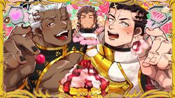  3boys apron bara black_bodysuit blue_halo blush bodysuit cake cherry closed_eyes collared_cape dark-skinned_male dark_skin doughnut fang_out fire flaming_halo flower food fruit halo heart highres incoming_food israfil_(housamo) kizami_nori_to_yamaimo male_focus multiple_boys nether_angel_(housamo) oerba_yun_fang open_mouth pancake pectoral_cleavage pectoral_docking pectoral_press pectorals rose signature skin_tight sparkle spoken_blush spoken_heart strawberry sweatdrop tokyo_afterschool_summoners twitter_username zabaniyya_(housamo) 