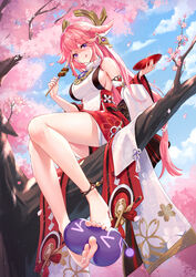  absurdres animal_ears anklet bare_shoulders barefoot between_feet blush breasts commentary_request detached_sleeves earrings feet female fox_ears genshin_impact hair_ornament highres holding_with_feet jewelry lalazyt large_breasts legs long_hair looking_at_viewer necklace outdoors partial_commentary pendant pink_hair purple_eyes red_skirt revision sidelocks sitting skirt sleeveless slime_(genshin_impact) smile thighs tree very_long_hair wide_sleeves yae_miko 