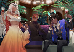  3boys alcohol arjuna_(fate) arjuna_alter_(fate) ashwatthama_(fate) bad_id bad_pixiv_id black_eyes black_hair black_jacket black_pants black_undershirt blue_nails blue_necktie bracelet breasts brown_hair cleavage clothes_lift commentary couch cup dark_skin drinking_glass earrings fate/grand_order fate_(series) female fern formal hair_ornament headpiece holding holding_cup jacket jewelry lakshmibai_(fate) large_breasts long_hair long_skirt looking_at_viewer multiple_boys nail_polish necktie pants pink_nails red_eyes ring shei99 shirt sitting skirt skirt_lift suit white_hair white_shirt white_skirt wine wine_glass yellow_eyes 