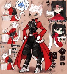  alternate_species angry anthro archer_emiya blue_eyes brown_hair clothing cooking digitigrade domestic_cat duo fate_(series) felid feline felis female furrification hair humor japanese_text male mammal muscular takashi_(onikukku) text tohsaka_rin translation_request type-moon white_hair 