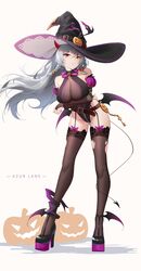  absurdres alternate_costume arms_under_breasts azur_lane bare_shoulders belt black_footwear black_leotard black_thighhighs braid breasts bridal_gauntlets charm_(object) chinese_commentary commentary_request copyright_name crossed_bangs demon_girl demon_horns demon_tail female full_body garter_straps grey_hair hair_between_eyes halloween hat high_heels highleg highleg_leotard highres horns kafeifeifeifeifeifei_jiemo_jun key lace-trimmed_legwear lace_trim large_breasts leaning_forward legs_apart leotard long_hair low_wings o-ring parted_lips platform_footwear pumpkin red_eyes saint-louis_(azur_lane) shadow simple_background solo tail thighhighs thighs torn_clothes torn_thighhighs white_background wings witch_hat zipper 