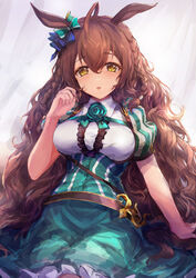  absurdres ahoge animal_ears belt blush bow braid breasts brown_hair center_frills commentary_request female flower framed_breasts frilled_shirt frilled_skirt frills green_bow green_flower green_rose green_skirt hairbow hand_up highres horse_ears large_breasts long_hair looking_at_viewer mejiro_bright_(umamusume) open_mouth partial_commentary puffy_short_sleeves puffy_sleeves rose shirt short_sleeves simple_background sitting skirt solo trrcmb twin_braids umamusume underbust very_long_hair wavy_hair white_background white_shirt yellow_eyes 