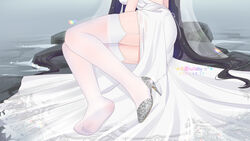  azur_lane backless_dress backless_outfit black_hair cocktail_dress dated dress evening_gown feet female garter_straps head_out_of_frame highres legs long_hair lying official_alternate_costume on_side outdoors satin_dress see-through see-through_dress silver_footwear sleeveless sleeveless_dress soles solo taihou_(azur_lane) taihou_(temptation_on_the_sea_breeze)_(azur_lane) thighhighs thighs toes very_long_hair water wedding_dress white_dress white_garter_straps white_thighhighs xiao_shi_lullaby 