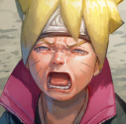  1boy bandana blue_eyes boruto:_naruto_next_generations cirenk commentary crying derivative_work english_commentary facial_mark half-closed_eyes high_collar highres jacket konohagakure_symbol male_focus meme naruto_(series) nose open_mouth portrait screenshot_redraw solo tearing_up teeth uzumaki_boruto whisker_markings 