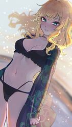  bikini black_bikini blonde_hair blurry blurry_background breasts depth_of_field dutch_angle earrings female floating_hair fujima_(k114) glint highleg highleg_panties highres idolmaster idolmaster_cinderella_girls jewelry light_smile looking_at_viewer navel ohtsuki_yui outdoors panties plant_print see-through see-through_shawl shawl solo swimsuit underwear 