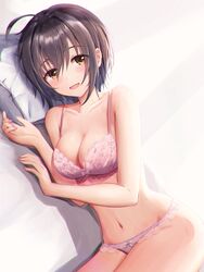  :d absurdres ahoge bare_arms bed bed_sheet black_hair blush bow bow_panties bra breasts brown_eyes cleavage collarbone female frilled_panties frills hair_between_eyes highres idolmaster idolmaster_cinderella_girls kohinata_miho looking_at_viewer lying masuku_(saint_mask) medium_breasts on_bed on_side open_mouth panties pillow pink_bra pink_panties pov_across_bed short_hair smile solo underwear underwear_only 