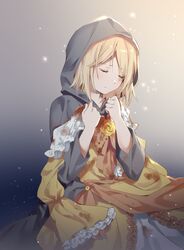  blonde_hair blood blood_on_clothes cloak closed_eyes commentary dress dress_flower evillious_nendaiki female frilled_dress frilled_sleeves frills grey_cloak hands_on_own_chest highres hmniao holding holding_clothes holding_dress hood hooded_cloak kagamine_rin light_particles mourning orange_ribbon regret_message_(vocaloid) ribbon riliane_lucifen_d&#039;autriche short_hair solo unworn_dress vocaloid yellow_dress 