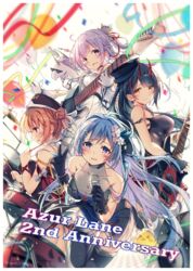  4girls absurdres azur_lane bad_id bad_pixiv_id balloon bare_shoulders bass_guitar black_gloves black_thighhighs blue_choker blue_hair blush breasts choker cleavage dress drum drumsticks earrings electric_guitar flower gloves guitar hair_flower hair_ornament hair_ribbon hairclip half_gloves hat heaven&#039;s_melody helena_(azur_lane) highres horns instrument jewelry leipzig_(azur_lane) long_hair looking_at_viewer manjuu_(azur_lane) medium_breasts microphone multiple_girls oni_horns open_mouth orange_hair purple_eyes purple_hair red_eyes red_horns red_ribbon ribbon see-through skirt stuffed_unicorn sunglasses suzuya_(azur_lane) thighhighs unicorn_(azur_lane) v very_long_hair white_dress white_gloves yellow_eyes 