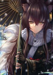  black_gloves brown_eyes brown_hair closed_mouth female fingerless_gloves fur_trim girls&#039;_frontline gloves hair_ribbon highres holding holding_umbrella japanese_clothes kimono long_hair looking_at_viewer official_alternate_costume oil-paper_umbrella ribbon scar scar_across_eye scar_on_face simple_background solo umbrella ump45_(girls&#039;_frontline) ump45_(lonely_traveler_of_eternity)_(girls&#039;_frontline) xlscaler yellow_ribbon 