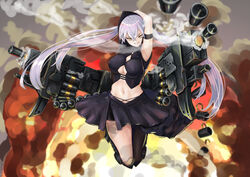  absurdres ammunition_belt armband armored_boots arms_behind_head arms_up asymmetrical_legwear bike_shorts black_legwear black_shorts boots breasts casing_ejection cleavage commentary_request covered_nipples destroyer_(girls&#039;_frontline) explosion female firing gaia_(girls&#039;_frontline) girls&#039;_frontline grenade_launcher grey_hair grin highres jumping long_hair mari0ball navel rigging sangvis_ferri shell_casing shorts shorts_under_skirt smile solo thighs tsurime uneven_legwear very_long_hair weapon yellow_eyes 