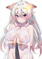  animal_ears annytf bare_shoulders bracelet breasts commentary_request earrings female gradient_hair groin highres himeliofon indie_virtual_youtuber jewelry kuroinu_~kedakaki_seijo_wa_hakudaku_ni_somaru~ large_breasts long_hair looking_at_viewer multicolored_hair o-ring own_hands_together pink_hair pointy_ears purple_eyes smile solo upper_body very_long_hair virtual_youtuber white_hair 