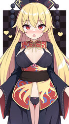  adapted_costume black_bra black_dress black_headwear black_panties blonde_hair blush bra breasts cameltoe checkered_background cowboy_shot dress female hair_between_eyes heart highres junko_(touhou) long_hair long_sleeves medium_breasts open_mouth panties phoenix_crown red_eyes rizento solo thigh_gap touhou underwear wide_sleeves 