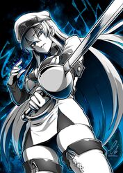  akame_ga_kill! blue_eyes boots breasts choker cleavage cowboy_shot ebiblue esdeath female gesugao greyscale_with_colored_background hair_between_eyes hat highres holding holding_sword holding_weapon large_breasts limited_palette long_hair long_sleeves looking_at_viewer military military_uniform open_mouth partially_colored peaked_cap rapier sadism shaded_face skirt solo sword thigh_boots thighhighs thighs twitter_username uniform very_long_hair weapon 