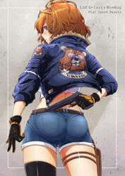  ass aviator_sunglasses belt black_gloves black_thighhighs blue_jacket blue_shorts brown_belt brown_hair cropped_jacket denim denim_shorts eyewear_on_head female from_behind girls&#039;_frontline gloves grizzly_mkv_(girls&#039;_frontline) grizzly_win_mag gun handgun highres holster ichi_illust001 jacket purple_eyes short_hair short_shorts shorts single_thighhigh solo standing sunglasses tank_top thigh_holster thighhighs weapon white_tank_top 