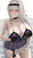  archstreal babydoll bianca_(punishing:_gray_raven) black_choker black_gloves braid braided_ponytail breasts choker cleavage closed_mouth collarbone female gloves grey_hair hair_ornament highres large_breasts long_hair looking_at_viewer mole mole_under_eye punishing:_gray_raven purple_eyes solo 