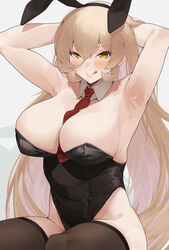  absurdres armpits arms_up bare_shoulders between_breasts black_leotard black_thighhighs blonde_hair blush breasts detached_collar female highres large_breasts leotard looking_at_viewer necktie necktie_between_breasts nijisanji nui_sociere playboy_bunny presenting_armpit red_necktie sideboob simple_background smile solo strapless strapless_leotard thighhighs tongue tongue_out virtual_youtuber white_background yamanoko_19517 yellow_eyes 