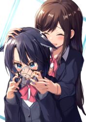  2girls :d ^_^ adachi_sakura adachi_to_shimamura animal_ear_fluff animal_ears black_hair black_jacket blazer blood blue_eyes bow bowtie brown_hair clenched_teeth closed_eyes crying crying_with_eyes_open dog_ears dog_girl ears_down headpat highres jacket kemonomimi_mode long_hair long_sleeves multiple_girls muzzle nail_polish open_clothes open_jacket open_mouth pink_bow pink_bowtie red_nails school_uniform shimamura_hougetsu smile suzushi_moruto swept_bangs tears teeth two-tone_background upper_body yuri 